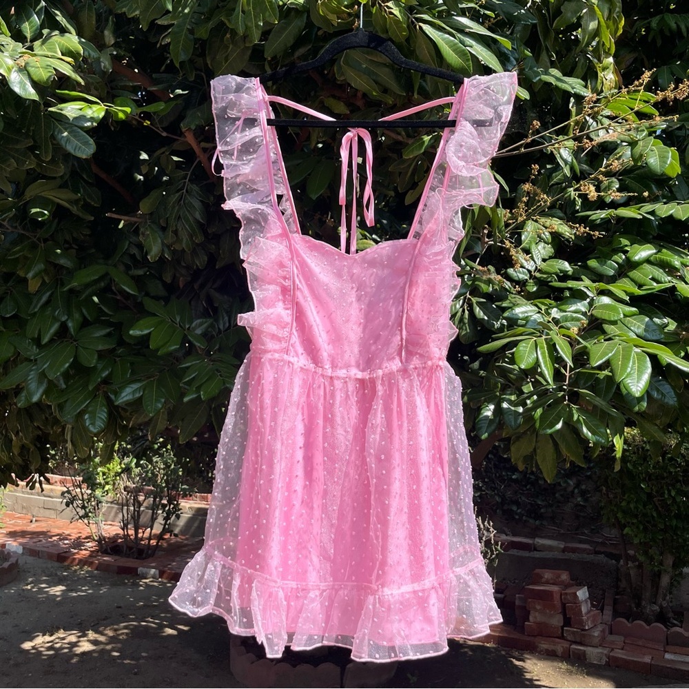 NWT SUGAR THRILLZ pink Swiss dot mesh ruffle sleeveless mini dress